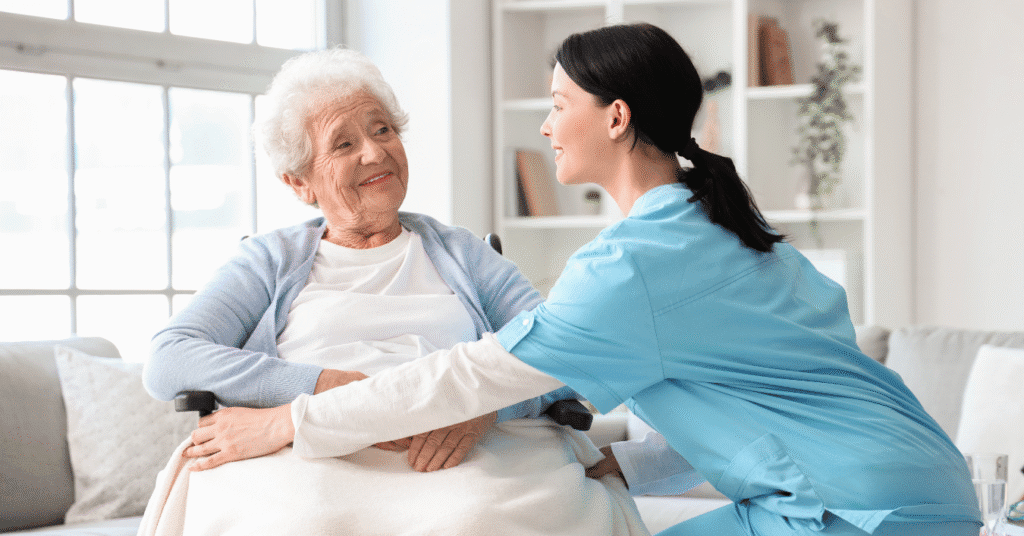 professional woman healthcare practitioner providing home health service for an elderly woman